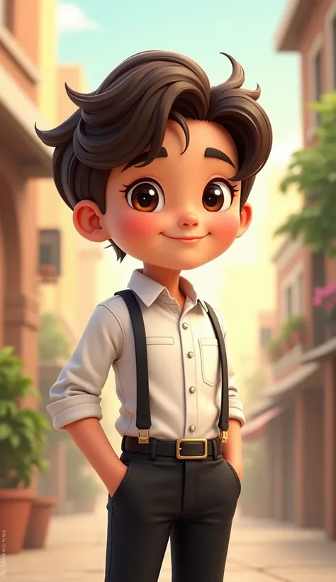 Create a DRAWING of a character for my game. He, Boy, with long dark brown hair, in a white blouse and black trousers, brown dark eyes. in the cartoon. in the cartoon como se fosse um desenho  
