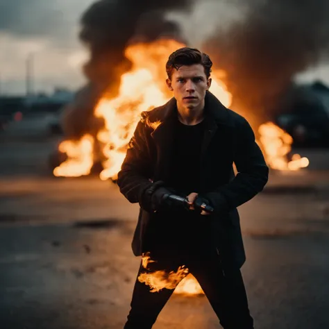 Tom Holland being a teenage mutant with fire powers dressed as an X-Men in a black suit, setting fire to a parking lot of abandoned cars.