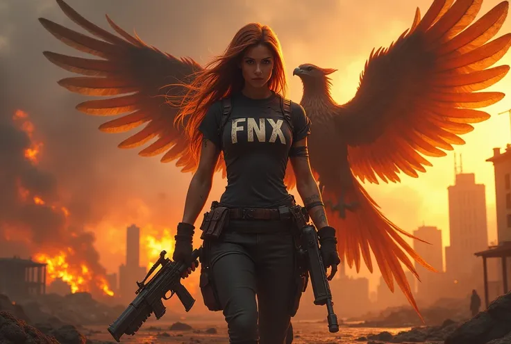 A strong woman in a war city on fire with a gun and clothing that says FnX and a Phoenix  by her sided 
