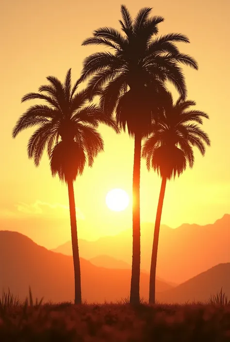 Image of three buriti palm trees (Mauritia Flexuosa) with the sun behind.