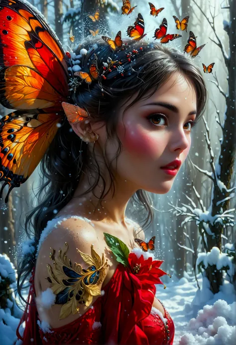 (oil painting art: 1.5) a most beautiful fairy playing in the snow, a beautiful fairy, ((full body shot: 1.5)), (best detailed f...