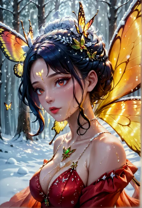 (oil painting art: 1.5) a most beautiful fairy playing in the snow, a beautiful fairy, ((full body shot: 1.5)), (best detailed face: 1.3), spread butterfly wings, dynamic hair color, dynamic hair style, busty, wearing red silk dress, intricate silk, wearin...