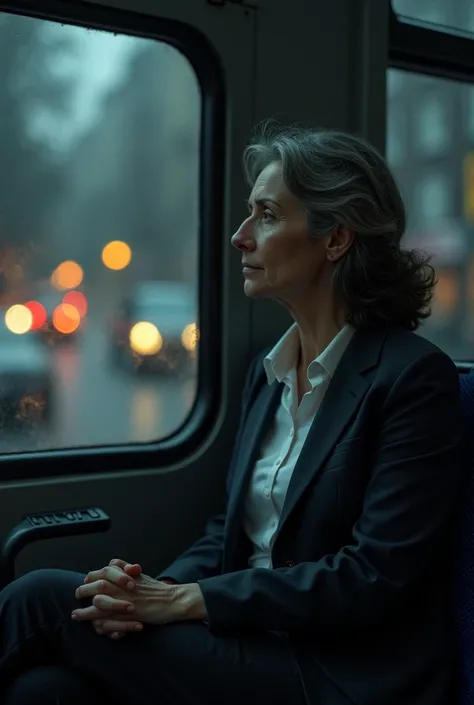 makes a woman sitting on the bus looking out the window after a tiring day at work having some sad memories