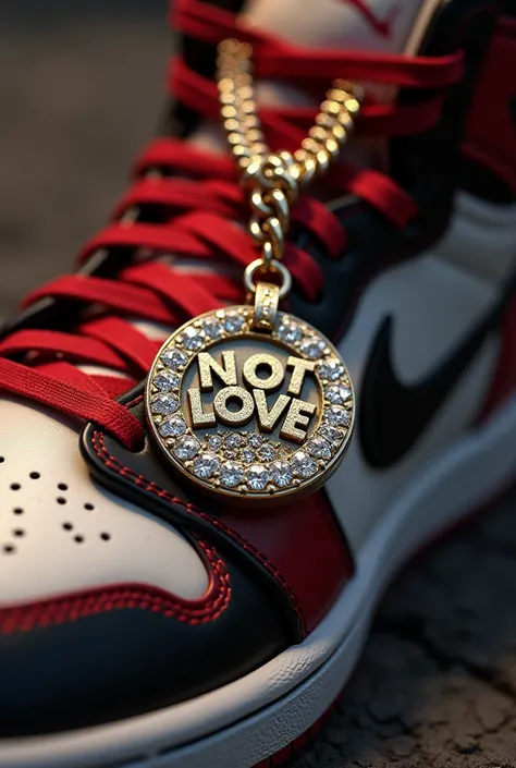 A Cuban diamond chain and a medal with letters that says NOT LOVE on a retro Jordan sneaker 1