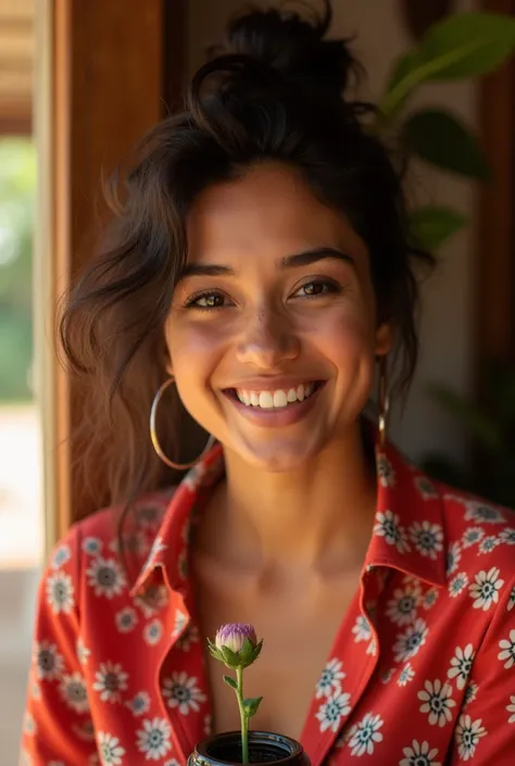 A Brazilian woman in a room, wearing an open shirt with a floral print, with a close-up capturing the harmonious beauty, showing off your natural charm and happy personality, holding a very small pot of encapsulated, the pot will be positioned a little abo...