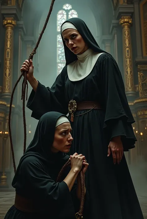 on nun punishing another nun with a whip