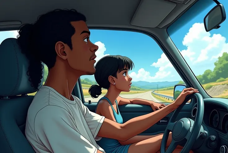 inside of a car with a road on the windshield, with a black male driver with ponytail braided hair and a black female passenger next to him in anime style
