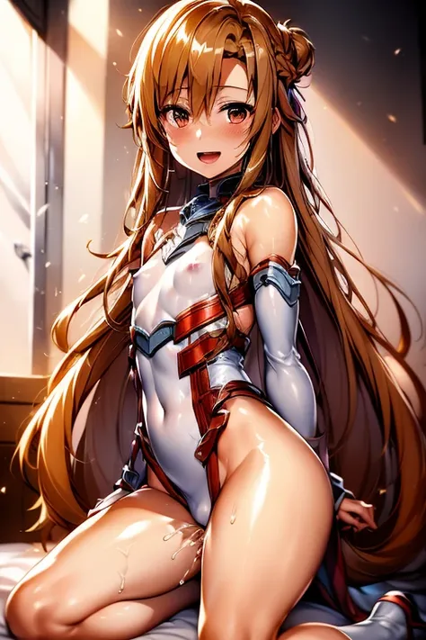 ((Highest quality)), ((masterpiece)), (be familiar with), Perfect Face, indoor, Bedroom, Watching the audience,
One woman, Yuuki Asuna,
Open Mouth, Ecstatic expression, blush, smile,
Small breasts, Flat Chest, , , child, Girl,
Long Hair, Long Hair,
Fully n...