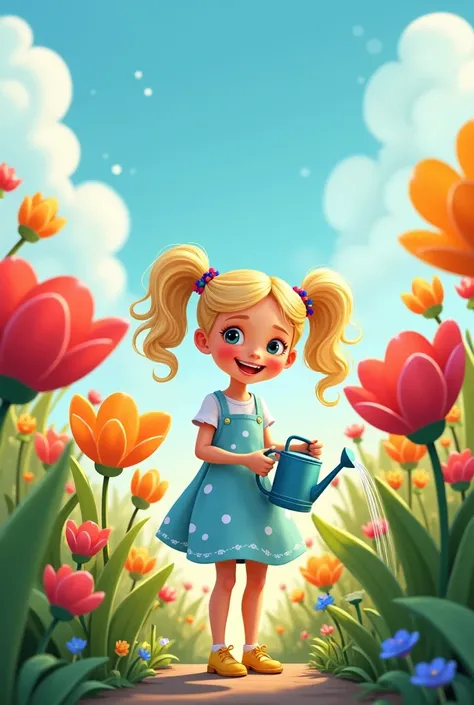 A cheerful young girl, around , with long wavy light blonde hair styled in two high ponytails, secured with colorful hair ties. She is wearing a light blue dress with white polka dots and yellow shoes. The girl is standing in a whimsical, cartoon-like gard...