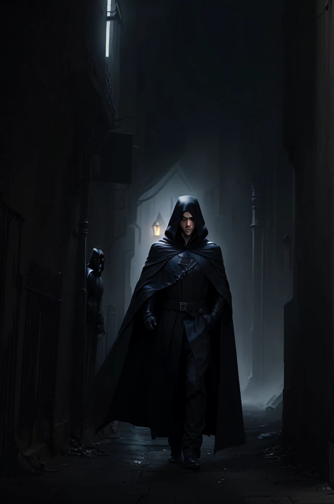 Arafed man in a black cloak and hood walking down a dark alley, He is passing through a gloomy city, mysterious man, wearing black clothes and cape, Black cloak hidden in the shadows, wearing a black cape, dressed in a black cloak, wearing a black cape, Da...