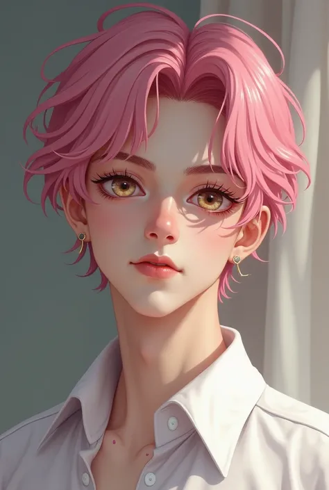 Create a charming young man with fine features. he has a white shirt. Pink hair and a scar on her chin 