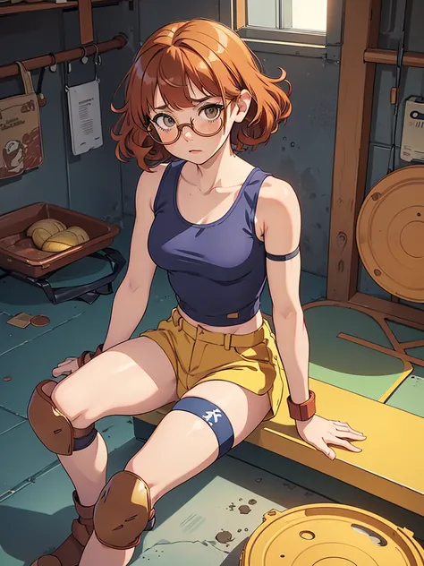 (masterpiece), (best quality), ((one girl)), ((alone)),copper red hair,(brown eyes),short hair, (curly hair),((side parted hair bangs)),anime style, freckles, (small breasts), (petite figure), (blue tank top),((knee pads)),legs, (desert background)), ((yel...