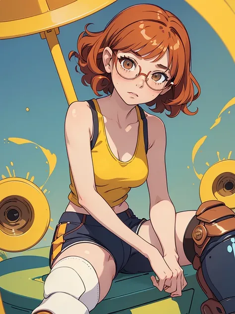 (masterpiece), (best quality), ((one girl)), ((alone)),copper red hair,(brown eyes),short hair, (curly hair),((side parted hair bangs)),anime style, freckles, (small breasts), (petite figure), (blue tank top),((knee pads)),legs, (desert background)), ((yel...