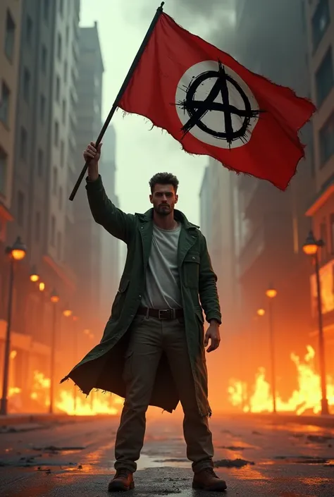 Image of a person, male, rebel, contestant, anarchist and anti-system with his shirt closed, long pants, green jacket . In the background a street on fire. Waving an anarchist flag in his right hand without weapons 