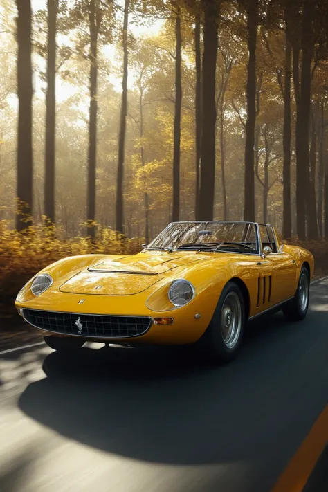 yellow sports car driving down a road in the woods, automotive photography, vehicle photography, car photography, classic cars, octane render”, octane render ”, by Brian Thomas, octane render ] ”, auto photography, ferrari, inspired by Darek Zabrocki, clas...