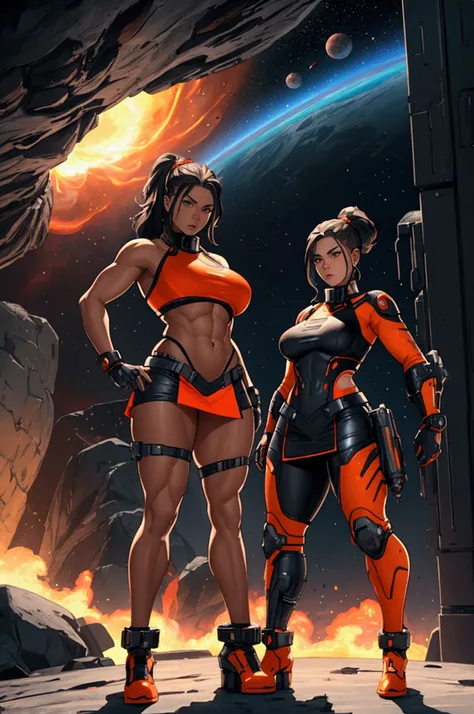 all people holding huge futuristic laser rifles in an action dynamic pose,  ((Full body)), photo quality, vibrant colors, two 2womans, wearing sexy red/bluecamouflage micro mini skirt, orange mini space suite, huge breast, in a cold ice PLANET with volcano...