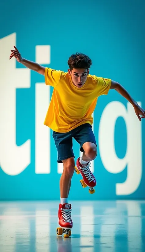 On the right side, there is a young man wearing a yellow t-shirt and roller skates, captured mid-action as he performs a skating trick. His expression is focused and intense, suggesting skill and excitement. The background behind him is a gradient of blue ...