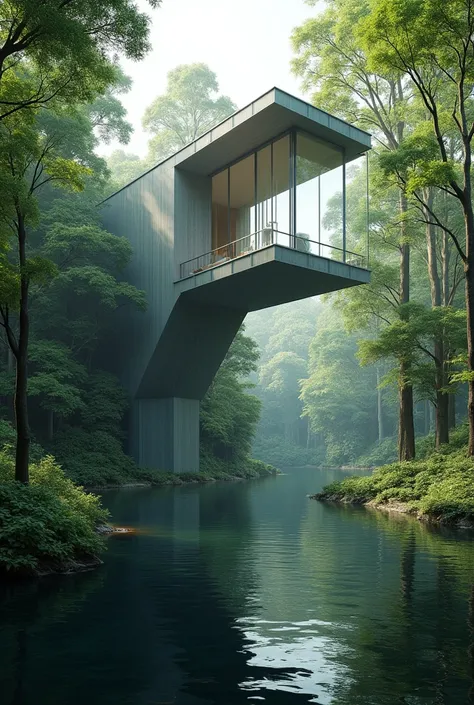 High Pavilion, lost among the trees, built in steel, in front of a lake