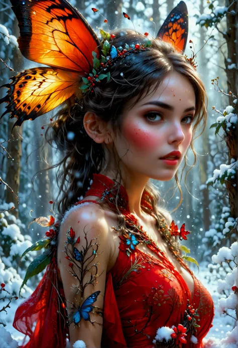 (oil painting art: 1.5) a most beautiful fairy playing in the snow, a beautiful fairy, ((full body shot: 1.5)), (best detailed f...