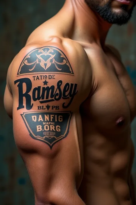 Create a tattoo on a man&#39;s arm with the name ramsey 