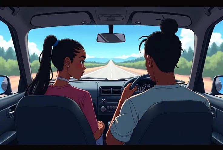 inside of a car with a road on the windshield, with a black male driver with ponytail braided hair and a black female passenger next to him in anime style, back view of the characters

