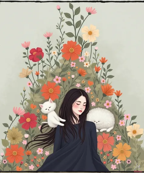 A  and a fluffy white kitten, flowers, sleeping, long black hair, night, starry sky