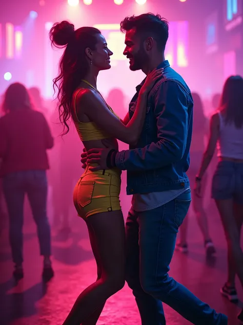 Woman 30 years dancing with a man in the club. Rave, neon clothing, Denim pants