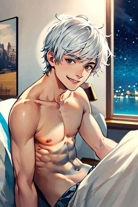 ((masterpiece)), (((best quality))), chromatic lighting,
colorized, white + black limited color palette, 
detailed concept drawing,
in a bedroom, at night, no weird object on his face,
portrait, 25yo 1guy, slender, topless, short white hair, black eyes, sm...