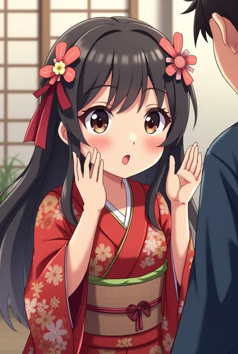 an anime character wearing a kimono begging another character 