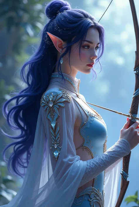 a graceful and elegant woman with characteristics inspired by an elf or fairy theme.
Long dark blue or purple hair with shiny accents, depicted in a slightly loose style.
wearing clothes that reflect the elf style with shades of blue and white. wearing lig...