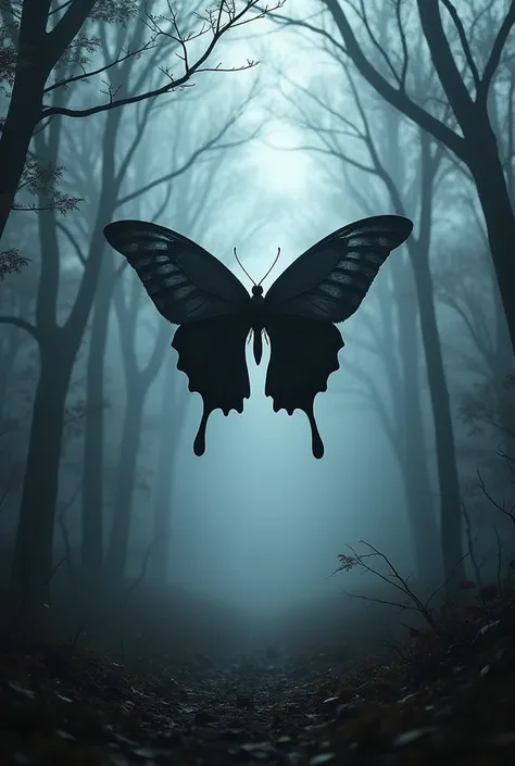 A dark, mysterious, gloomy fantasy illustration of a black butterfly, harbinger of death, in a dark forest shrouded in mysterious fog, highly detailed, cinematic lighting, moody atmosphere, photo-realistic, 8K, masterpiece