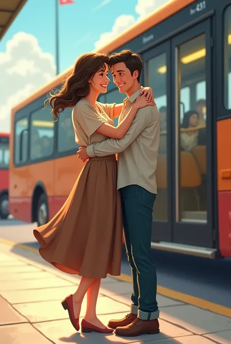 Generate image of a chubby woman in blouse and skirt, waiting for a tall, thin man, light outfits, get off the bus at the bus station. The man is at the bus door. They are happy to meet each other again. They hug each other.