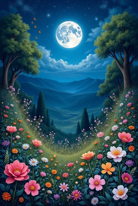 I  want to piant a picture of enchanting graden filled with flowers... It should be night time sky is full of stars and have a shine moon