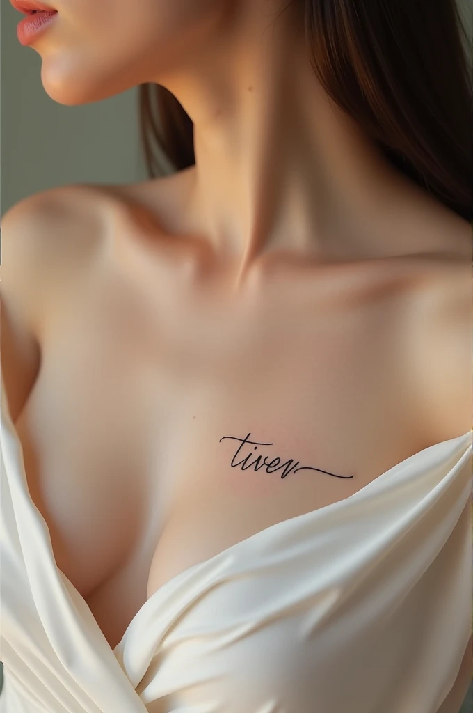 A tattoo of the word tiven in thin script below a breast and the lettering in cursive