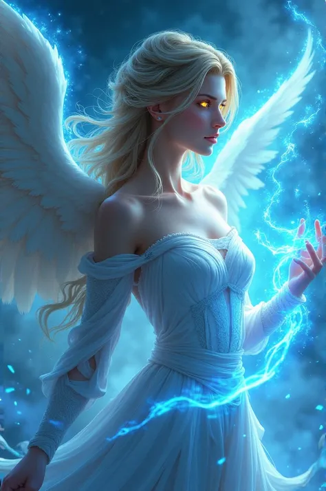 A 30-year-old warrior angel girl with dark blonde hair and golden and luminous eyes, with luminous blue strings stretching out from her fingers and looking to the right.