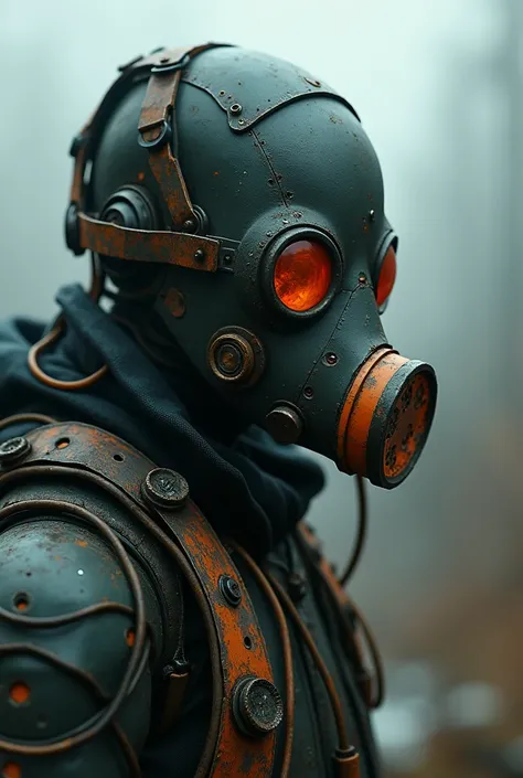 
there is a cyborg in a gas mask and a gas mask on his face and have metallic orange grunge side with plainte cables connected to his face, the scene is very sad , style blend of hideo kojima, craig mullins style, cinematic beeple, sci-fi cinematic movie s...