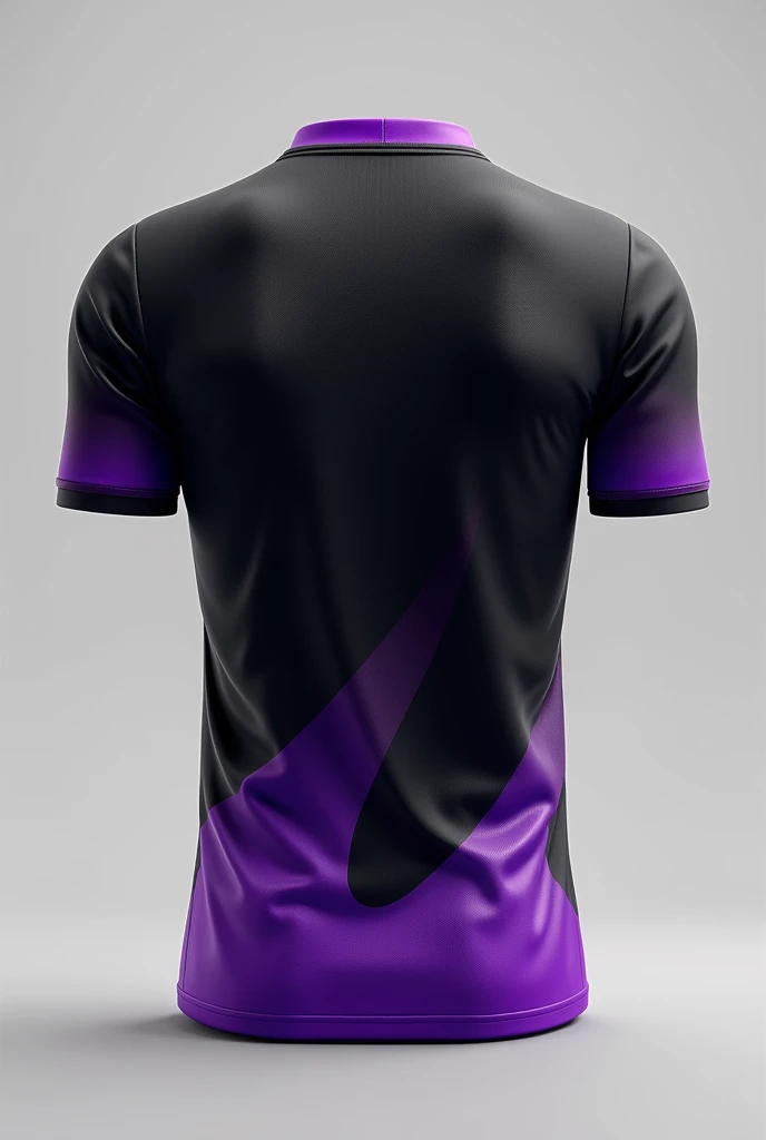 A black team jersey with a purple gradient at the bottom of the jersey, and with the purple collar too. This has great fabric.Show me the back of the same shirt.Just show the shirt Without this guy
