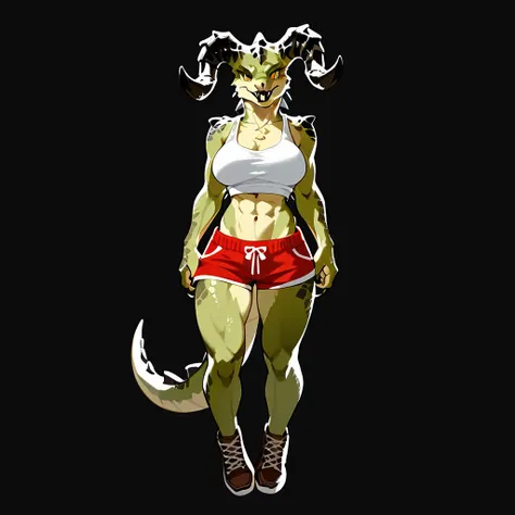 Solo, score_9,score_8_up,score_7_up, kemono style, Anthro deathclaw from fallout, Anthro reptile girl, snout, green scaled skin, gold eyes, black lips, black horns, black ram horns, athletic body, smiling, wearing brown laced tank top, pov, pov she is hold...