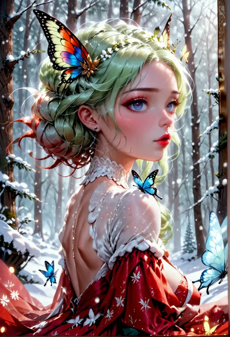 (oil painting art: 1.5) a most beautiful fairy playing in the snow, a beautiful fairy, ((full body shot: 1.5)), (best detailed face: 1.3), spread butterfly wings, dynamic hair color, dynamic hair style, busty, wearing red silk dress, intricate silk, wearin...