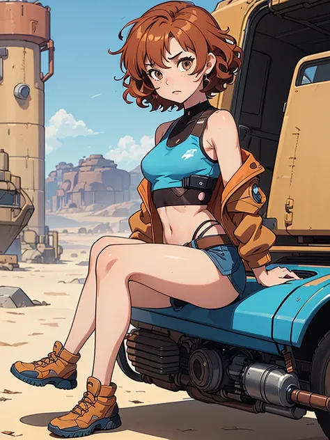 (masterpiece), (best quality), ((one girl)) copper hair,(brown eyes),short hair, curly hair, anime style, freckles, (small breast), (petite figure), blue tank top, knee pads, legs, (desert background)), cyberpunk jacket