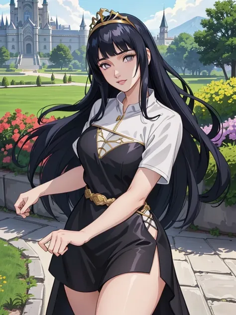 (hinata waifu:1), hinata hyuga a beautiful princess, with a beautiful pose, looking at the viewer, thick thighs, (a long black d...