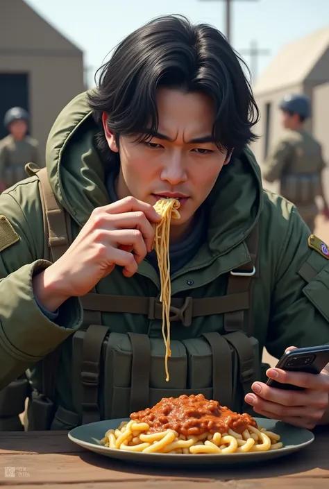 A Korean soldier with wavy hair, similar to Call of Duty characters, eating stroganoff while using his cell phone and talking to John Price. 