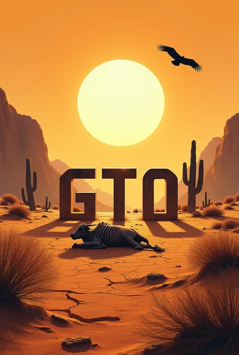 Image with the name GTO highlighted in the center of the image. a cactus in the background, an ox skeleton on the ground and a black caracara flying in the sky, the dry and cracked soil of drought, a bright sun in the sky.