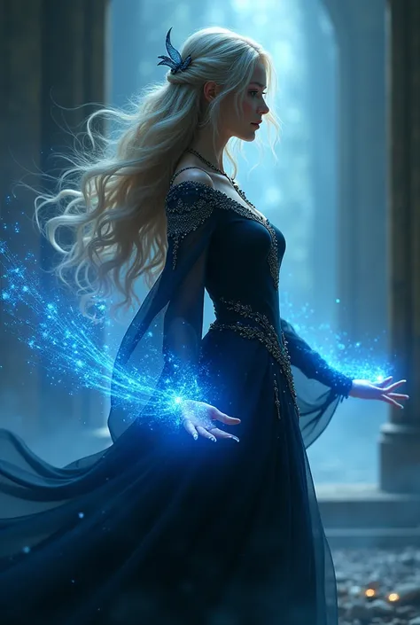 A 30-year-old warrior magical girl with dark blonde hair and dark dresses and golden and luminous eyes, with luminous blue strings stretching out from her fingers and looking to the right.