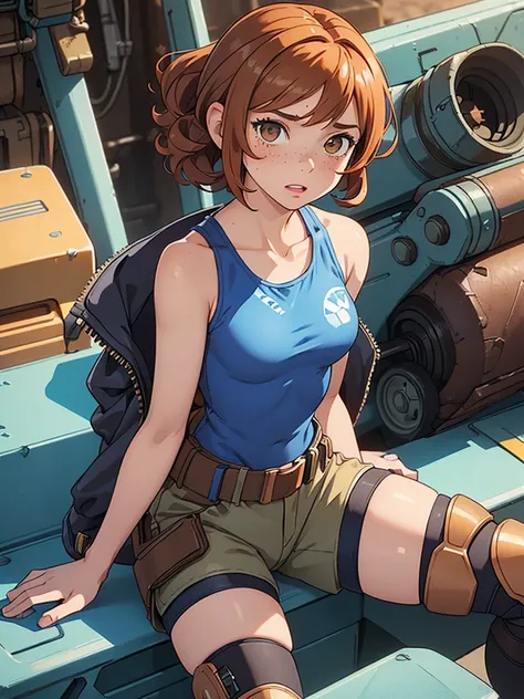 (masterpiece), (best quality), ((one girl)) copper hair,(brown eyes),short hair, curly hair, anime style, freckles, (small breast), (petite figure), blue tank top, knee pads, legs, (desert background)), cyberpunk jacket, knee guard pads