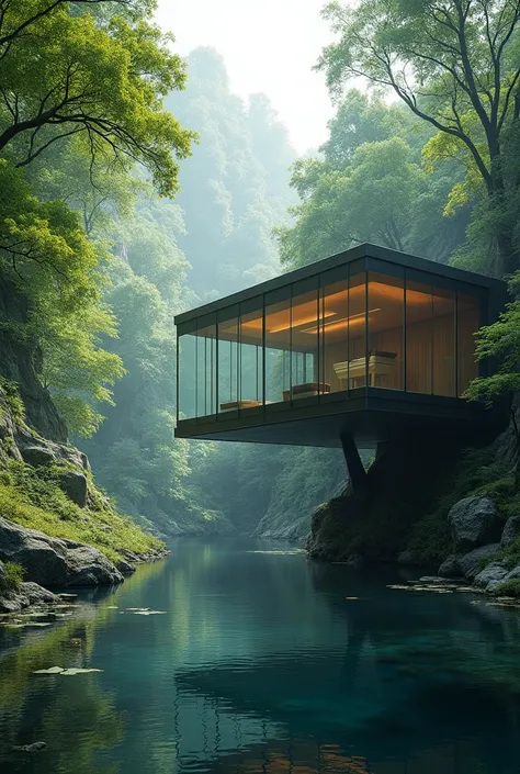 High Pavilion, lost among the trees, built in steel, in front of a lake