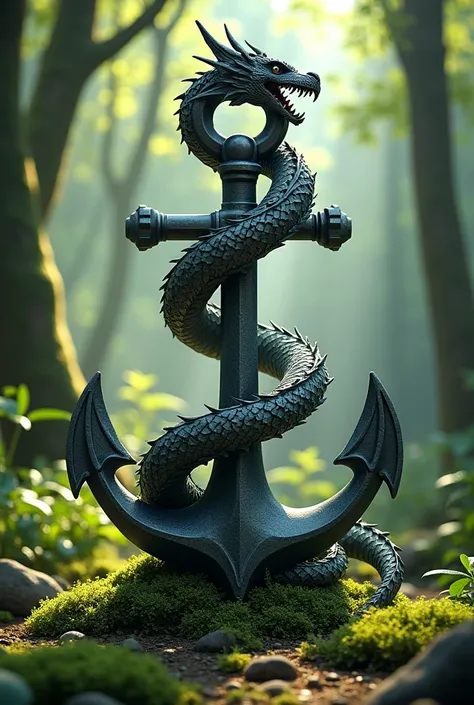 Anchor surrounded by a dragon on a green background with trees