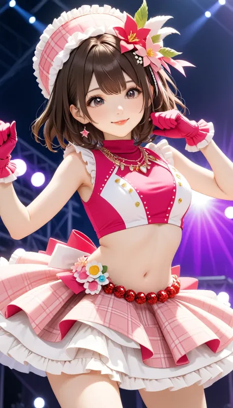 masterpiece, best quality, highres, brown medium hair,smile,rouge lips,closed mouth, 1girl, solo, pink idol costume(pink turtleneck ,sleeveless turtleneck,pendant ,navel,flower belt pink plaid skirt,pink petticoat, long boots,pink glove, flower hat),standi...