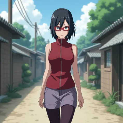 Sarada Uchiha is a female character from the Boruto Manga (She is depicted as having black irises, short neck-length hair with a side-parted hairstyle and bangs that are set aside, wearing rectangular red glasses, wearing a Konoha village symbol headband, ...