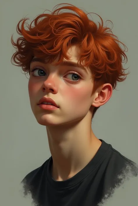 Seventeen year old boy. She has curly red hair and black eyes in a realistic style.
